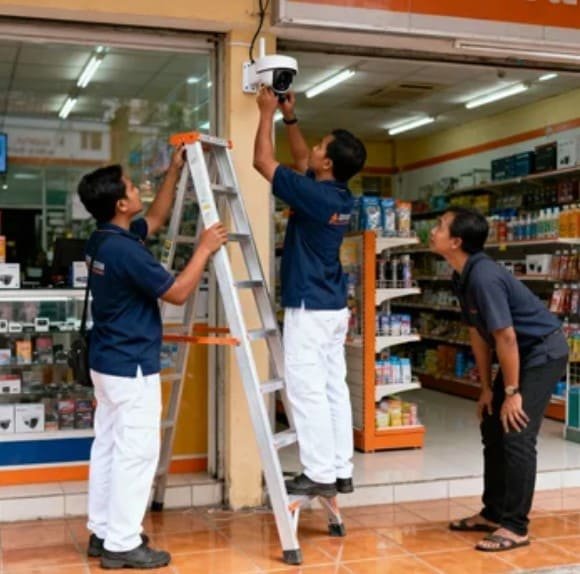 Proses instalasi CCTV di Cibubur Jakarta Timur